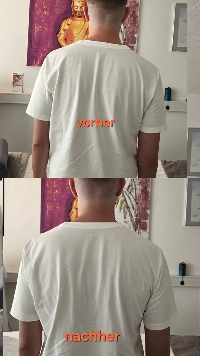 Vorher und nachher: Rücken eines Mannes im weißen T-Shirt