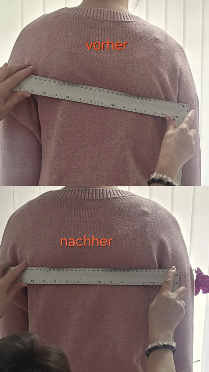 Vorher und nachher: Schulterstand mit Lineal gemessen, rosa Pullover
