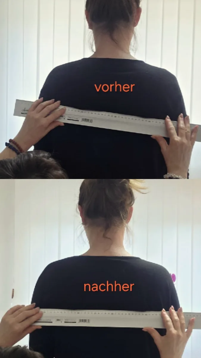 Vorher und nachher: Schulterstand mit Lineal gemessen, schwarzes Shirt